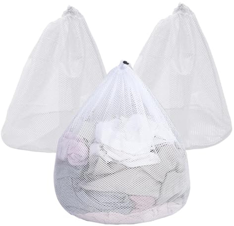 Borsa per biancheria in rete 3 pezzi Borsa per biancheria riutilizzabile con coulisse 24x31 pollici Grandi borse per il bucato per viaggi, vestiti sporchi, da letto, tovaglia con couliss