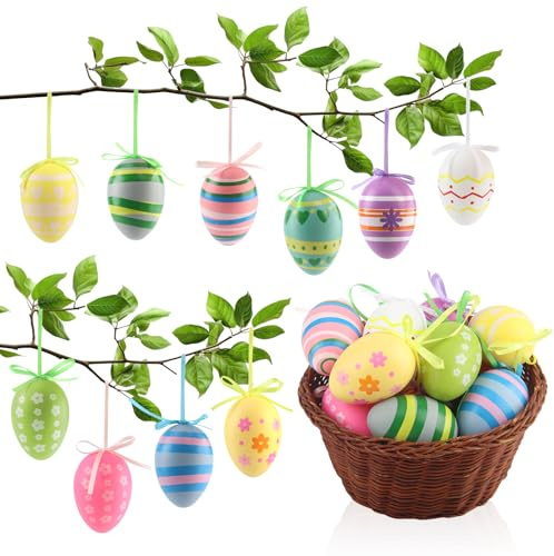 SJUNJIE Ostereier zum Aufhängen 24 Stück Osterdeko Outdoor Eier Oster Geschenk Unterschiedliche Musterdekoration Easter Eggs für Die Dekoration Einer Osterparty Szene