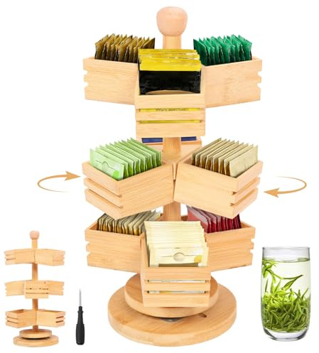 GWCYMYD 3 Tier Rotating Tea Bag Organiser, 360 Degree Bamboo Revolving Holder, 9 Compartment Countertop Storage Box for Kitchen Home Office Coffee Station(Log Colour)