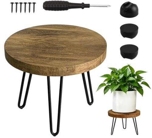 Nimblyne Soporte para plantas de madera: 25 x 17 cm, taburete para flores con 3 patas, 6 tornillos y 1 destornillador, soporte para flores de alta carga de madera redondo para casa, jardín, decoración