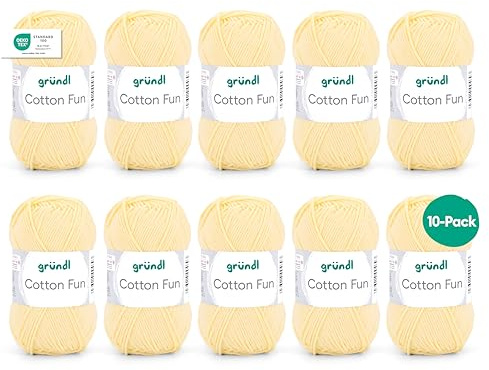 Gründl Wolle Cotton Fun Häkelgarn 10 Knäuel 50 g, Pastellgelb | Wolle zum Häkeln - Strickgarn - Häkelgarn - Pflegeleicht und hautfreundlich - 100 % Baumwolle - 50 g / 115 m - Nadelstärke 3