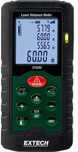 Extech DT60M Laseravståndsmätare, 196ft 60m, Yta och Volym | Räckvidd 2tum-196ft, yta/volym/indirekt höjd, Pythagoras, minne 20 mätningar, belyst LCD