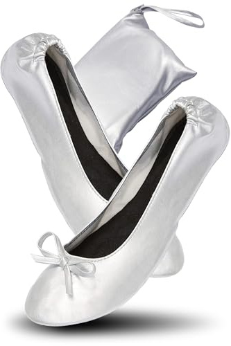 JJ PRIME Chaussures après fête avec Sac Pliable - Ballerines Femme Confortable Pliables, Chaussures Plates Femme, Chaussures Femme (Argent)