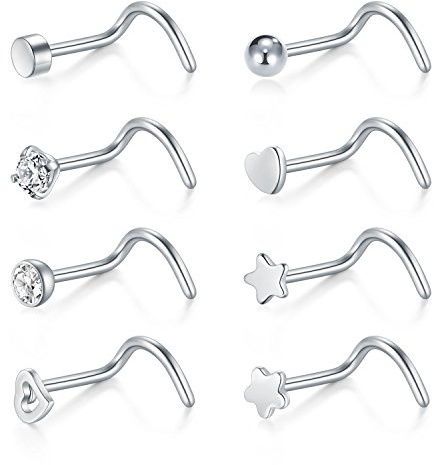 Incaton 20 Gauge 8stk Nasenstecker Spirale Stecker Nasenpiercing Nasenring Chirurgenstahl Nostril Piercing Schmuck Set (D Stil/Silber-8stk)