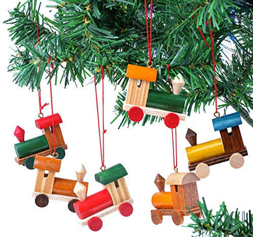 BRUBAKER 6-teiliges Set Eisenbahn Holzanhänger - Baumschmuck Lokomotiven | Weihnachtsanhänger Christbaumschmuck aus Holz