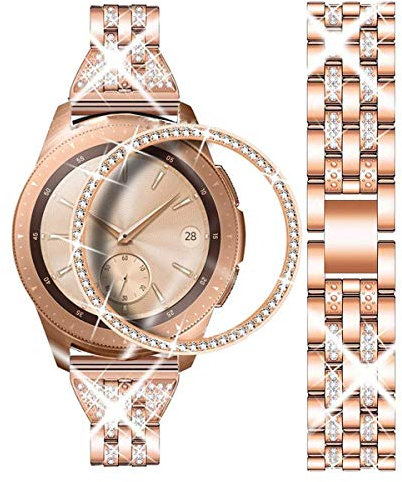 DEALELE Kompatibel mit Samsung Galaxy Watch 4 Classic 42mm / Galaxy Watch 42mm / Gear Sport, 20mm Glänzend Strass Diamant Metall Armband mit Bezel Ring Schutzhülle Ersatz für Damen Herren, Roségold