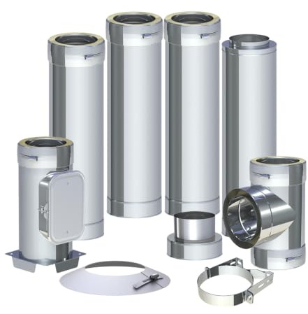 Edelstahl-Schornstein Ø 150mm Bausatz 5,2m Kamin doppelwandig 25mm Isolierung 0,5mm Wandstärke wirksame Länge ab T-Stück 4m V4A L99 Aussenwand oder Innen möglich