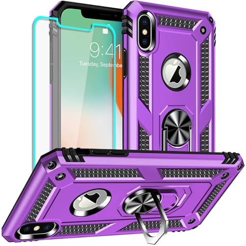 Yiakeng Coque iPhone X, Coque iPhone XS, Verre Trempé D'écran Protecteur, Silicone Antichoc Défense Bumper Armure Housse Etui pour iPhone X et iPhone XS (Violet)