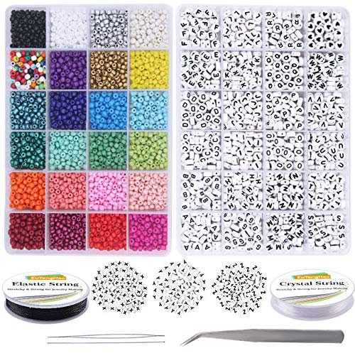 EuTengHao 6810Pcs kleinen Rocailles und Buchstabenperlen für die Herstellung von Schmuckarmbändern mit Armbandschnur, 4 mm Pony-Glasperlen und A-Z Alphabet-Buchstabenperlen für Schmuckherstellung