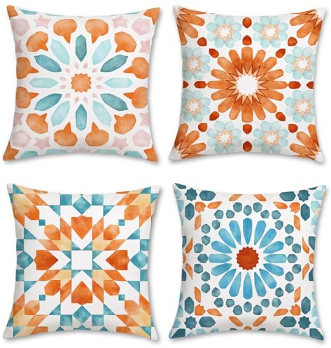 Bonhause Boho Outdoor Pillow Covers 18x18 Inch Set of 4 Orange Mandala Decorative Throw Pillow Cases Soft Velvet for Sofa Couch Garden Bedroom Home Decor