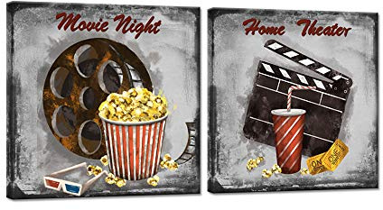Zlove 2 Pieces Vintage Movie Theater Canvas Wall Art Old Film Reels Clapper Popcorn Poster Print for Home Theater Room Bedroom Decor Ready to Hang 12x12inchx2pcs