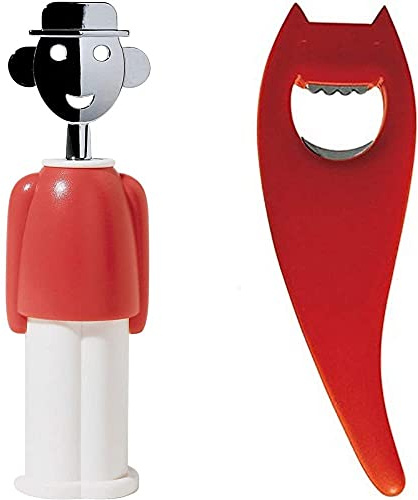 Alessi Alessandro M Aam23 R Cavatappi Di Design In Zama Cromata E Resina Termoplastica, Rosso & Abc01 R Diabolix Apribottiglie In Pa, Rosso
