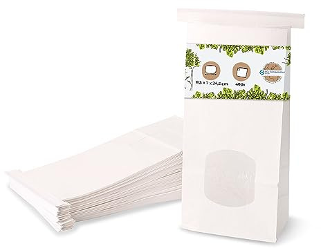Blockbodenbeutel Größe M mit Fenster und Clipband 400 Stück I weiße Papiertüten aus Kraftpapier mit Sichtfenster und Beschichtung aus PP-Folie I Kekstüten Gebäcktüten uvm.