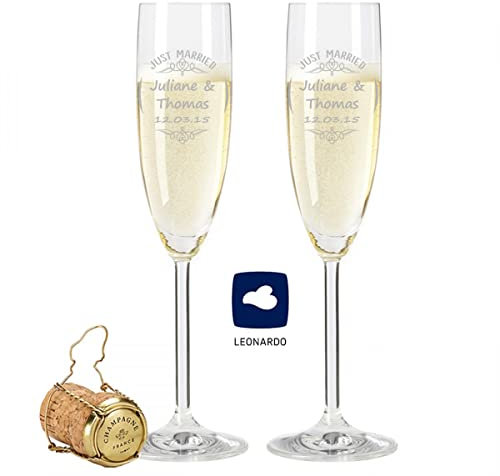 Leonardo, calici da spumante con incisione di nome e data in – Just Married Design – come regalo per matrimonio, fidanzamento o anniversario – il regalo perfetto di nozze colore nel set