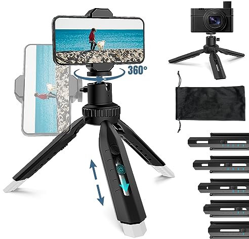 Trépied Smartphone,RealPlus Mini Trépieds Portable avec Tête de Trépieds Rotative à 360°,Base Super Stable,Plusieurs Réglages de Hauteur, Convient pour Selfie, Streaming Live, Vidéoconférence, Voyage
