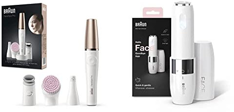 Braun FaceSpa Pro Beauty Set mit Gesichtsepilierer, Gesichtsreinigungsbürste, Aufsatz, Halter und Tasche, SE912, weiß/bronze & Face Mini-Haarentferner, für Damen, FS1000, weiß