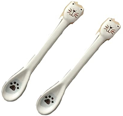 YUURAIN VUVU 2 Stück süße Katze handgefertigte Keramik-Kaffeelöffel, Teelöffel, schöne Löffel, Espressolöffel, Mini-Kaffeelöffel, kleine Teelöffel, Teelöffel mit handbemalter süßer Katze - 15 cm