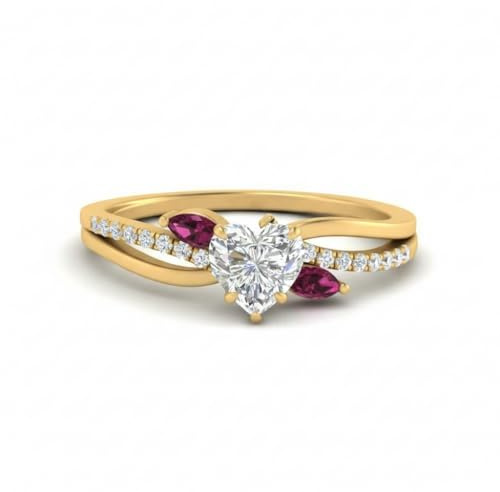 JewelryGift Anneau d'accent de Marquise Antique plaqué Or Jaune Saphir Rose créé Cœur façonner Bagues de fiançailles en Pierre latérale réglage de la Broche Taille 62