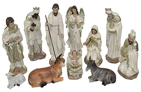 Generico Set Natività 11 Soggetti in Ceramica BIANCA Colori Chiari ORO PLATINO da h. 10 cm Idea Regalo Personaggi Presepe Statuine Sacra Famiglia