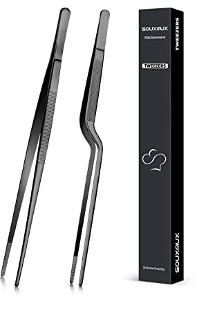 SouxMux 25.5CM Cooking Tweezer and Offset Tweezer Set, Tongs Precision Serrated Tips, Stainless Steel Professional Chef Tweezer Kitchen Tools for BBQ, Plating and Serving, Black