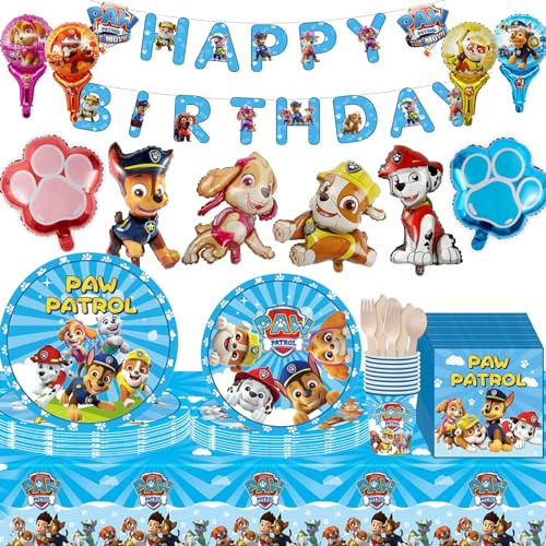 82PCS Wiederverwendbar Pappteller Pow Dog Geburtstag Deko Set - Becher, Servietten, Tischdecke, Geschirr Set für Kindergeburtstag Partygeschirr