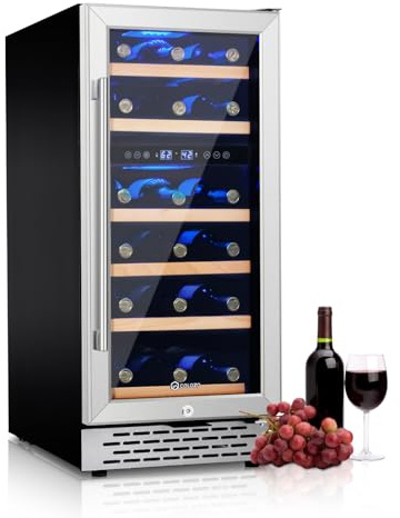 28 Bottle Wine Cooler Refrigerator, 15 Seamless Stainless Steel Built-in Freestanding Wine Fridge Double-Layer Tempered Glass Door with Lock, Under Counter Wine Cellar