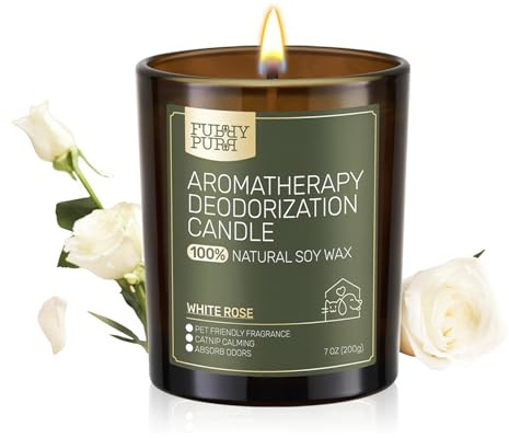 Furry Purr Duftkerze im Glas für Hunde & Katze, Haustier Geruch Eliminator Kerze, Handgemacht aus Sojawachs, Weiße Rose Duft, Valentinstag Geburtstagsgeschenk, Bis zu 60 Stunden Brenndauer, 200g