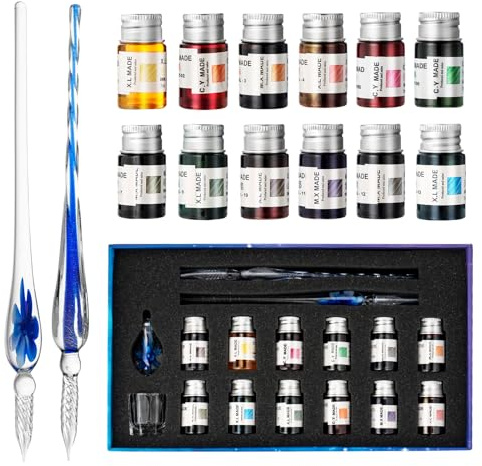 AOKUY Juego de bolígrafos de cristal para caligrafía, 12 tintas coloridas, juegos de caligrafía para arte, escritura, firma, decoración, regalo (12 + 2 azules + flor azul)