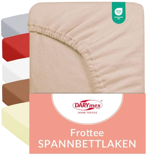 Darymex Frottee Spannbettlaken 140x200 cm, Baumwolle, bis 20 cm, Beige | Elastisches Spannbetttuch mit Gummizug, 82% Baumwolle 18% Polyester, bügelfrei, Öko-Tex Standard 100