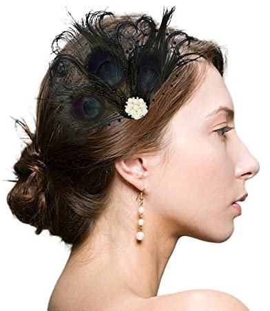 JiJiRuDU 1920s Stirnband Damen Pfau Feder Kristall Kopfschmuck Fascinator-Hut 20er Jahre Feder Haarband Perlen Gatsby Stirnband Für Party Kostüm Schmuck Frauen Mädchen