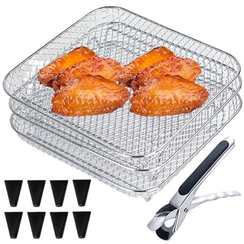 Air Fryer Rack, Stainless Steel 3 Layers Stackable Air Fryer Shelf with 8 Silicone Feet, for Oven, Press Cooker, Roasting Oven Airfryer Accessories Square, Fryer Accessories
