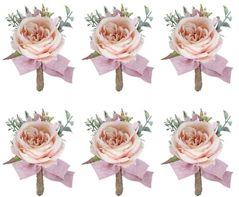 ISAKEN Anstecknadel Hochzeit, 6 Stück Gästeanstecker Boutonniere Künstliche Handgefertigte Satin Rose Blumen Hochzeit Blumen für Braut Bräutigam Hochzeitsanzug Kleid Dekor Hochzeit Prom
