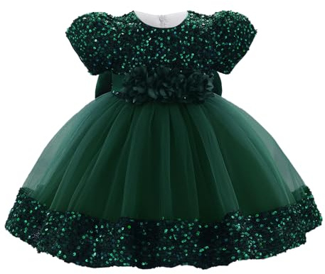 Cichic Christening Dresses for Baby Girls Summer Puffy Sequin Tulle Toddler Festival Party Communion Prom Dress Green 3-6 Months