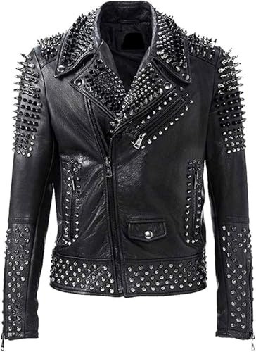 MERCH ATTIRE Handgefertigte Herren-Jacke mit Nieten, Punk-Stil, Leder, Biker-Mode, Rockstar, Schwarz – Nietenleder, XL