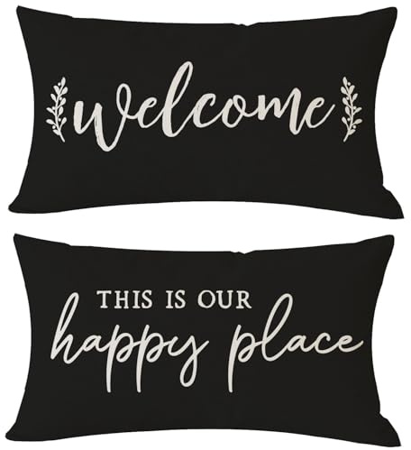 PANDICORN Farmhouse Throw Pillow Covers 12x20 Set of 2 Welcome This is Our Happy Place Black Outdoor Back Front Porch Patio Decorations Lumbar Decorative Throw Pillows Cases for Home Couch Bench Decor