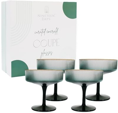 Nineteen Days Green Coupe Gläser 4er Set Gläser mit Goldrand (226.8 g) Art Deco Coupe Gläser Geriffelt Martini Cocktailgläser Geschenkbox Vintage Champagnergläser Espresso Martini Gläser