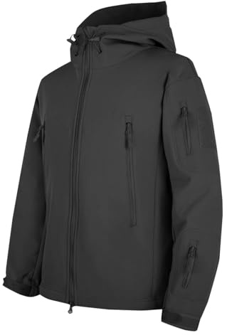 MXETWJEL Mens Softshell Waterproof Jacket Full Zip Tactical Jackets Outdoor Hooded Windbreak Coat Elasticated Plain Military Work Hoody Tops Autumn Warm Hiking Outerwear for Fishing Hunting Climbing