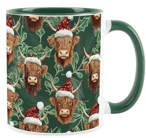 Purely Home Christmas Highland Cow Mug - Green Holly & Berries Novelty Xmas Seasonal Gift/Present - Tea Coffee Ceramic Mug