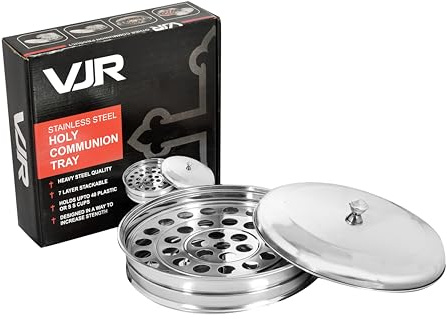 VJR nattvardsbricka för kyrkor med lock, premium rostfritt stål silverpolerad nattvard 40 koppars set med vinservering, inkluderar 40 återanvändbara nattvardsgångskoppar, kyrkans nattvardsbricka