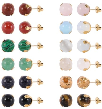 JMFENFA 12 Pairs Multi Natural Gemstone Round Bead Ball Stud Earrings Gold Plated Stainless Steel Tiger Eye Rose Quartz Onyx Opal Stone Stud Earrings Set for Women (Gold 10mm)