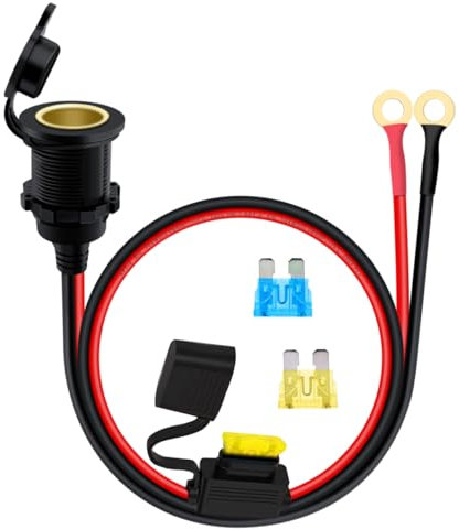 HuaLiSiJi Presa Accendisigari Impermeabile Con Cavo 12V 24V 14AWG Cavo Presa Accendisigari Femmina a Terminali ad Anello, con 15A Fusibile per Auto, Moto, Barche (1m)