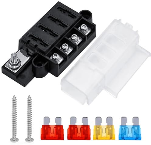 Porte Fusible Voiture 4 Voies Blocs Fusible Lame ATC/ATO avec Couverture Étanche et 4 Pièces Fusibles à Lame pour Automobile Camion Bateau Camping-car