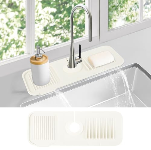 Dolic Alfombrilla para Grifo de Fregadero de Cocina, Protector contra Salpicaduras de Silicona con Secado rápido y Soporte para Esponja y jabón para Platos (Blanco, 14.6x 5.5)