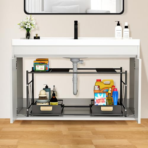 Undersink Storage Organiser Kitchen,Under Sink Storage,Pull Out Cleaning Cupboard Organiser, 2 Tier Sliding Shelf Width Adjustable Under Sink Rack for Bathroom Cabinet Countertop Laundry