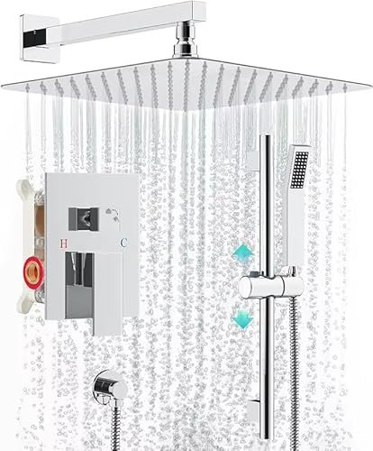 SWHC Duschsystem Unterputz Duscharmatur Set Wandmontiert Dusche Regendusche Set Warm und Kalt Duschgarnitur mit 40 cm Regendusche, Handbrause, 60cm Duschstange