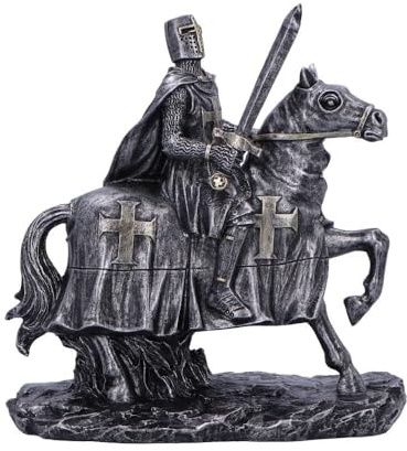 Nemesis Now Ritter Ready for Battle Figur Skulptur Metallic-Silber-Finish Mittelalterliche Kunst Dekor Pferderitter mit Schwert und Zügeln - zum Servieren