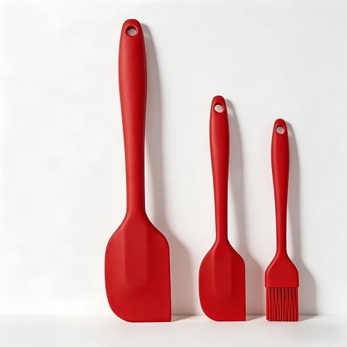 RQzaufania 3 Pezzi Spatola in Silicone, Pennello per Imbastire + Set di Spatole, Spatola Antiaderente Senza Cuciture in Unico Pezzo Resistente al Calore (Rosso)