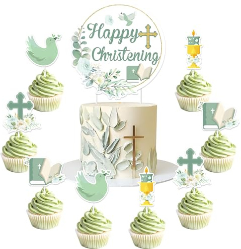 Jollyboom Taufdekorationen Salbeigrün, Happy Taufe Kuchen Cupcake Topper Taufe Kuchen Dekorationen für Jungen Mädchen Taufe an Ihrem Taufe Heilige Erstkommunion Party Supplies