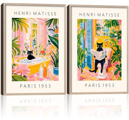 Wanddekoration mit Holzrahmen, schwarze Katze, Wandkunst, Gemälde, moderne Kunst, Leinwanddruck, Vintage-Poster, Badezimmer, Schlafzimmer, Wohnzimmer, Wanddekoration, Galerie-Stil, Wohnkunstwerk, 30,5
