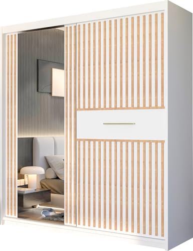 FURNITUREWAVE Modern Sliding Door Wardrobe with Mirror, Bedroom Clothes Storage Cabinet with Hanging Rails & Shelves, Space Saving Wardrobe (White, 203cm)